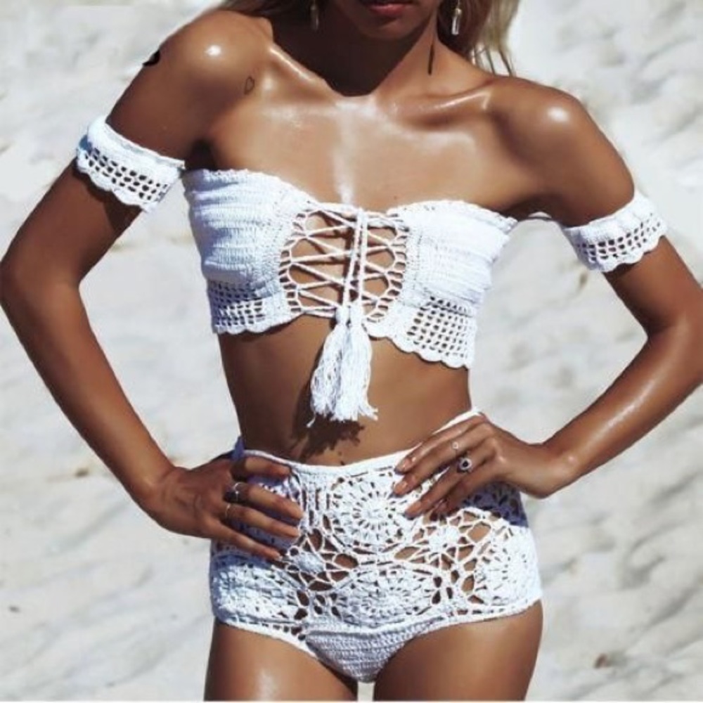 White Crochet High-waisted Bikini Set